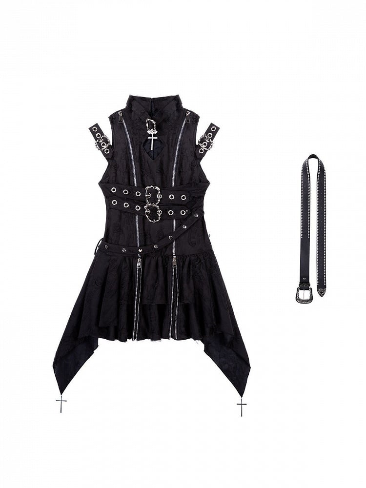 Black Gothic Metal Button Accent Asymmetric Hem Lolita Sleeveless Dress with Belt Set - view 5
