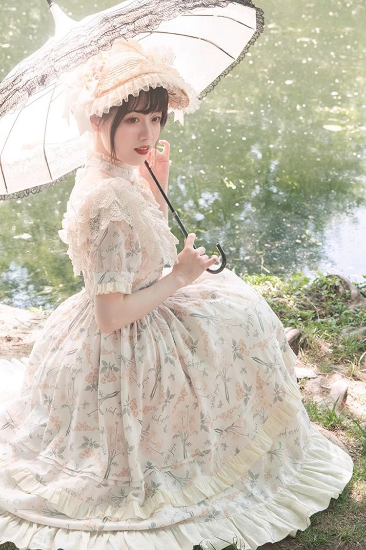 Multi-Color Daisy Print Cherry Embroidery Edwardian Collar Short Sleeves Sweet Lolita Dress - Product - 5