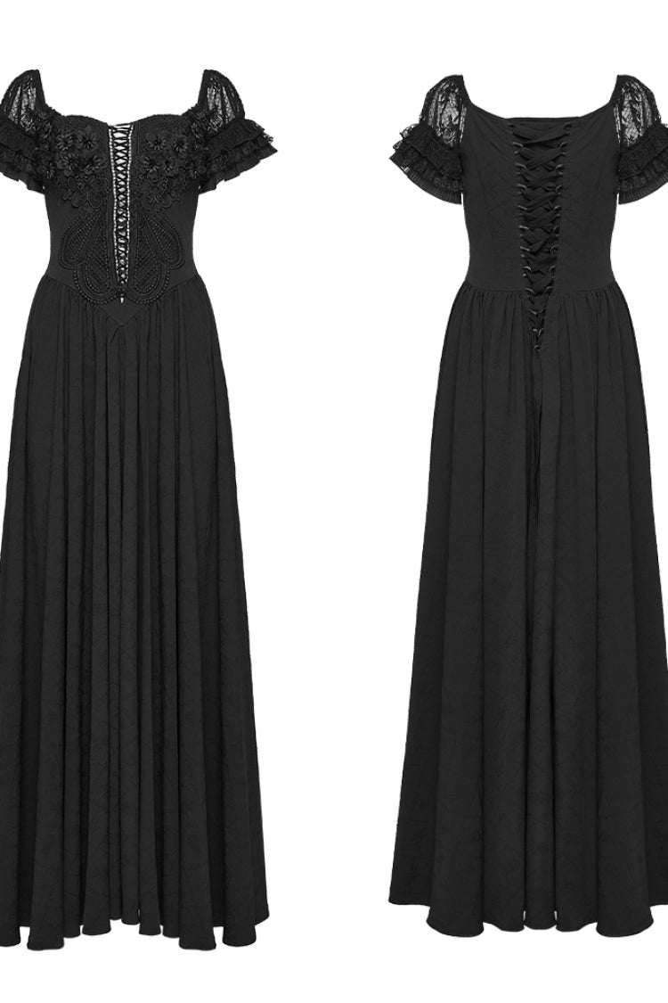 Black Off Shoulder Short Puff Sleeves Ruffled Hanayome Embroidered Lace Women's Gothic Elegant Gorgeous Dress - Product - 11