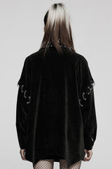 Black Punk Loose Velvet Two Way Split Detachable Long Sleeve Irregular Hem Long Pocket Women's Shirt - Product - 3