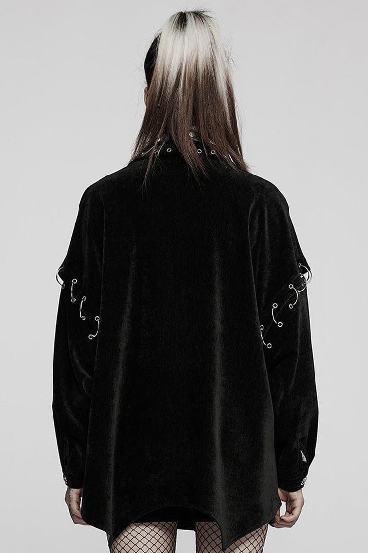 Black Punk Loose Velvet Two Way Split Detachable Long Sleeve Irregular Hem Long Pocket Women's Shirt - Product - 3