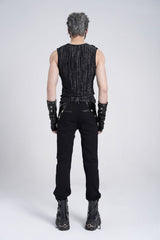 Black Sleeveless Ribbed Print Stitching Mesh Zipper Men's Gothic Vest - Product - 7