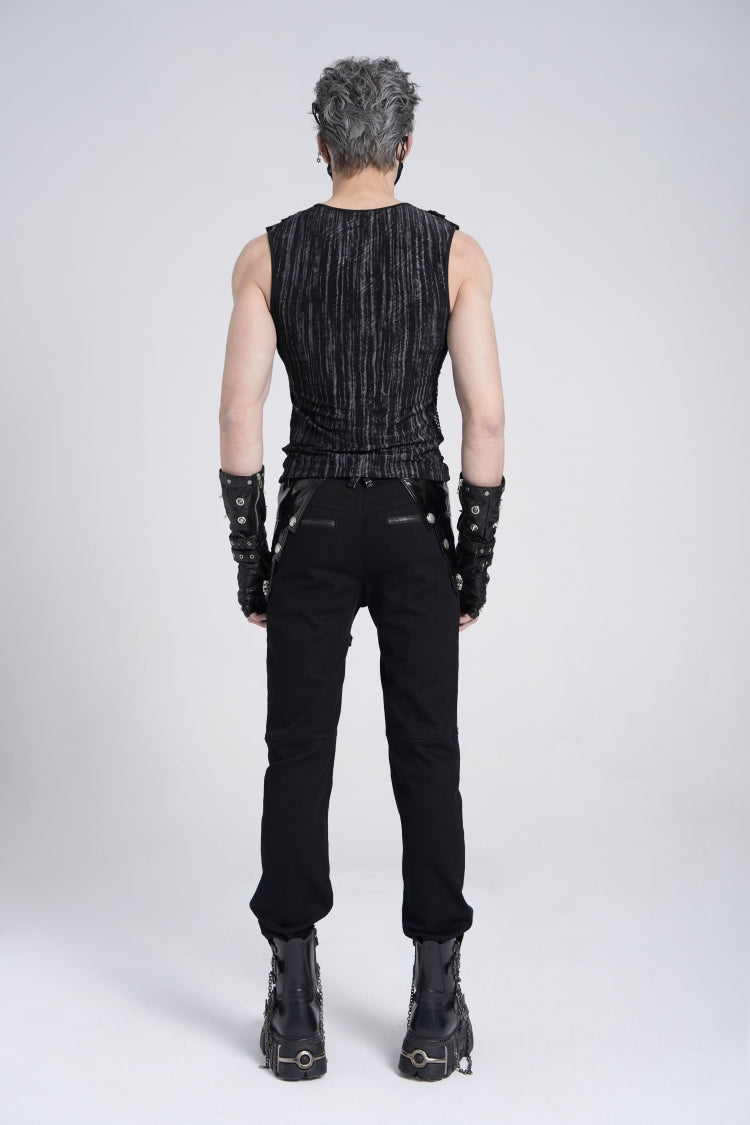 Black Sleeveless Ribbed Print Stitching Mesh Zipper Men's Gothic Vest - Product - 7