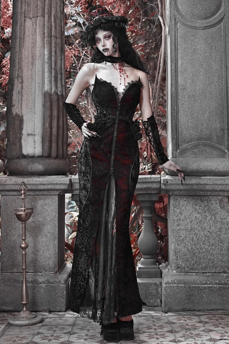 Black/Red [Scarlet Blood Peak] Sleeveless High Waisted Ruffle Embroidery Lace Gothic Lolita Fishtail Dress - Black/Red - 1