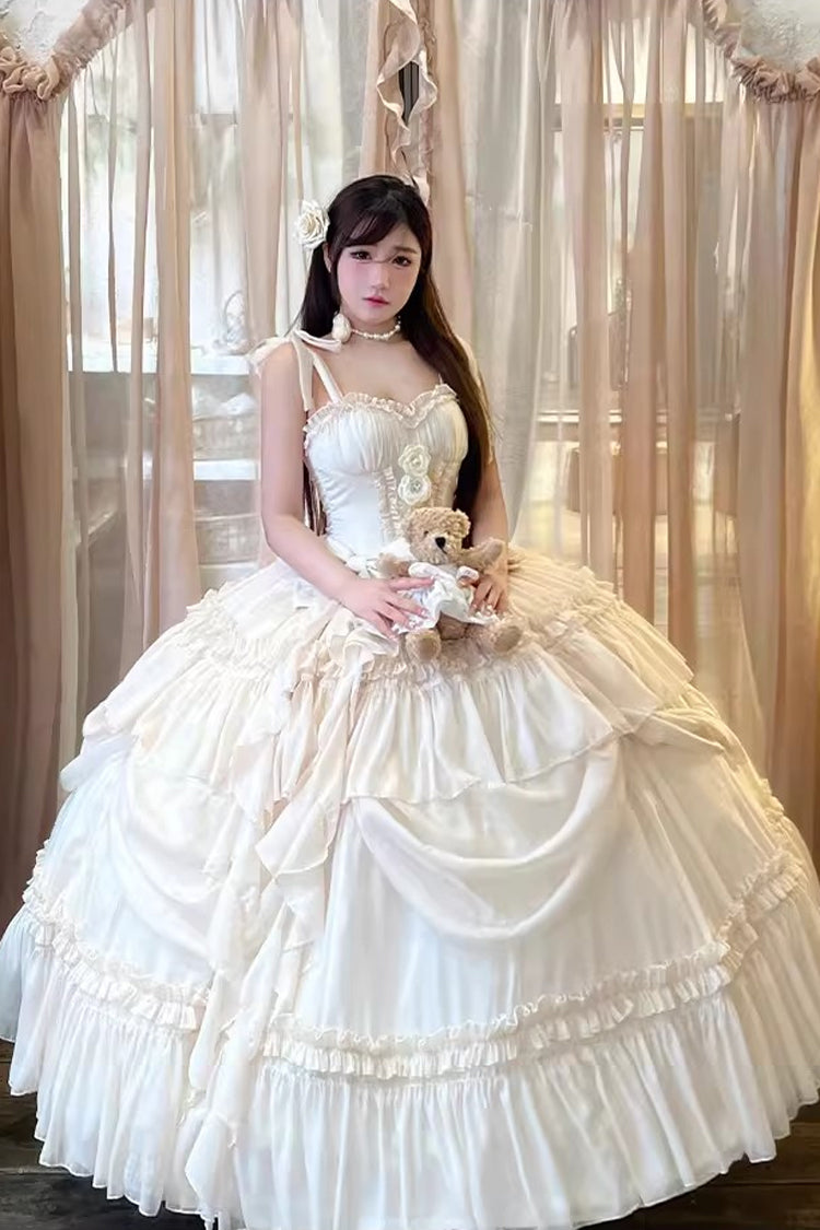 Apricot/Beige [Antique Bride] Sleeveless Multi-Layered Ruffled Bow Lace Sweet Elegant Gorgeous Full Skirt Lolita Jsk Dress - Product - 2