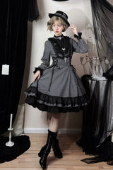 Black [Point Manor] Stand Collar Long Sleeves Multi-Layered Striped Printed Ruffled Lifted Hem Bow Gothic Lolita Dress - Product - 2