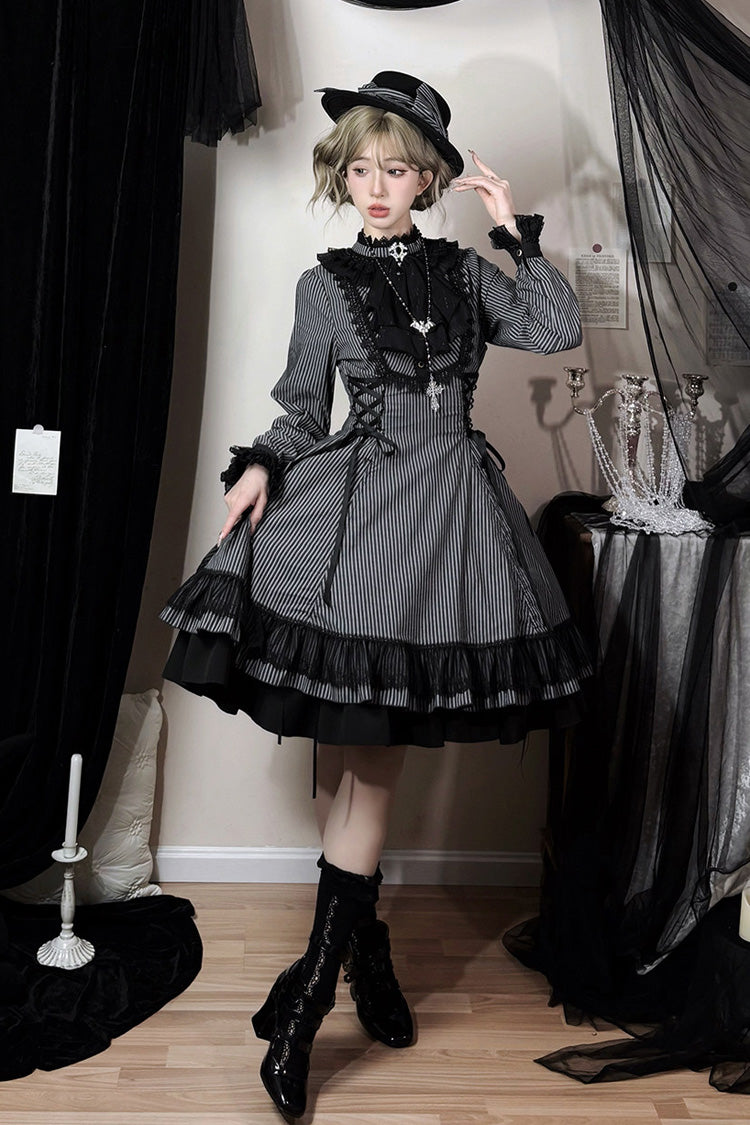 Black [Point Manor] Stand Collar Long Sleeves Multi-Layered Striped Printed Ruffled Lifted Hem Bow Gothic Lolita Dress - Product - 2
