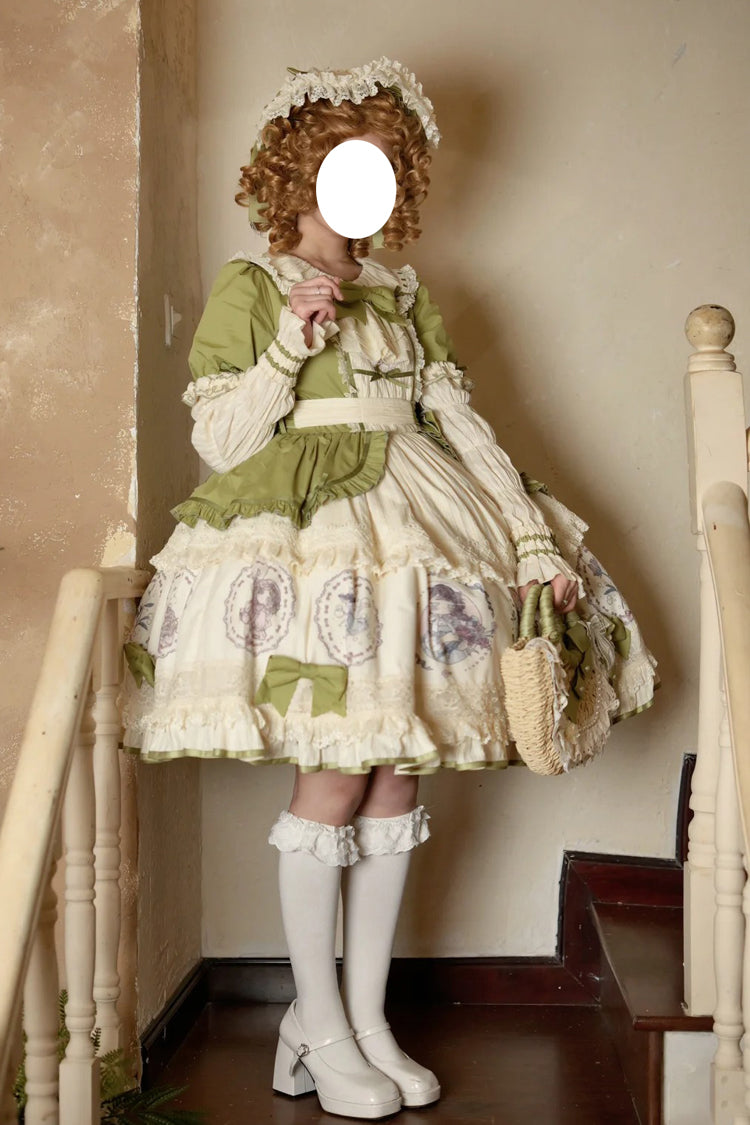 Green [Little Ida's Flowers] Short Sleeves Print Ruffle Bowknot Sweet Lolita Dress - Product - 5