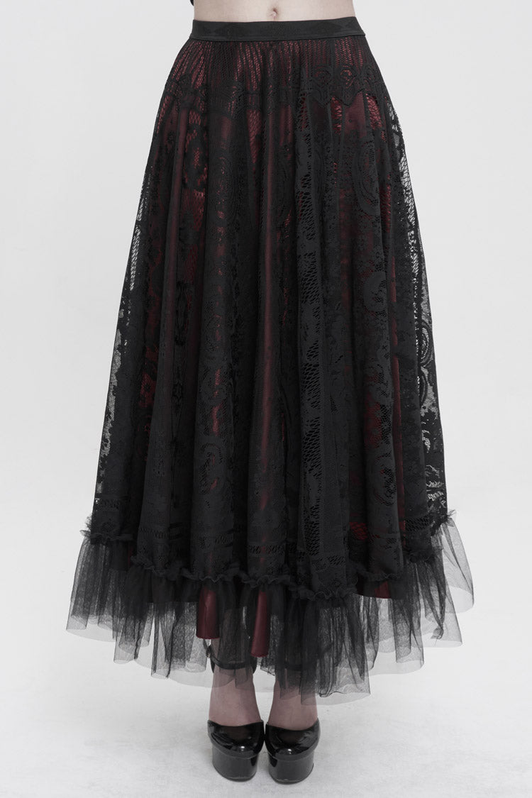 Black/Red Lace Flower Mesh Hem Paneled Ruffles Lace Big Swing Women's Gothic Skirt - Black/Red - 1