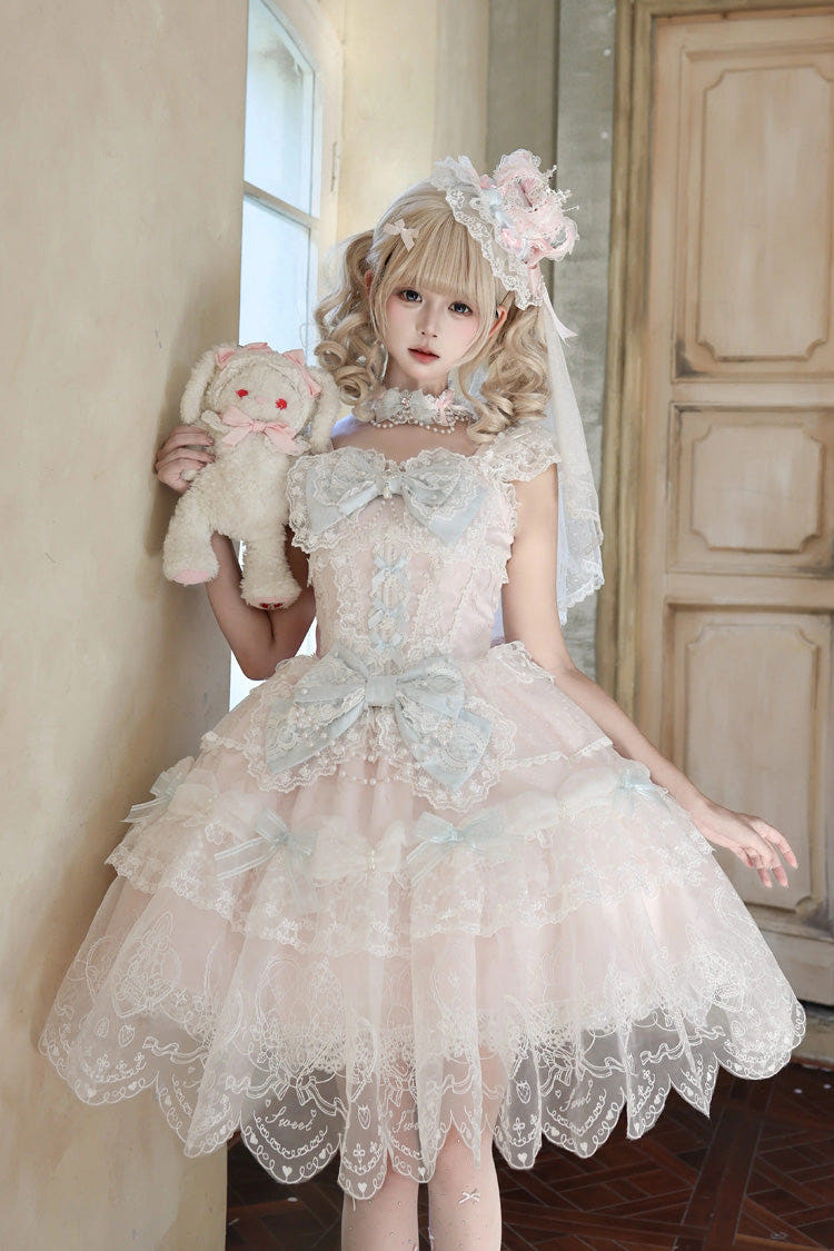 Pink [Bunny Dream Letter] Square Collar Flutter Sleeves Jacquard Ruffled Bow Lace Sweet Princess Balletcore Lolita Jsk Dress - Pink - 1
