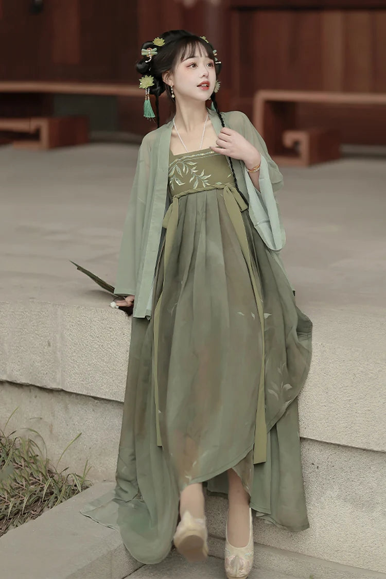 Green High Waisted Embroidery Sweet Chinese Style Hanfu Jsk Dress Full Set - Product - 2