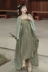 Green High Waisted Embroidery Sweet Chinese Style Hanfu Jsk Dress Full Set - Product - 2