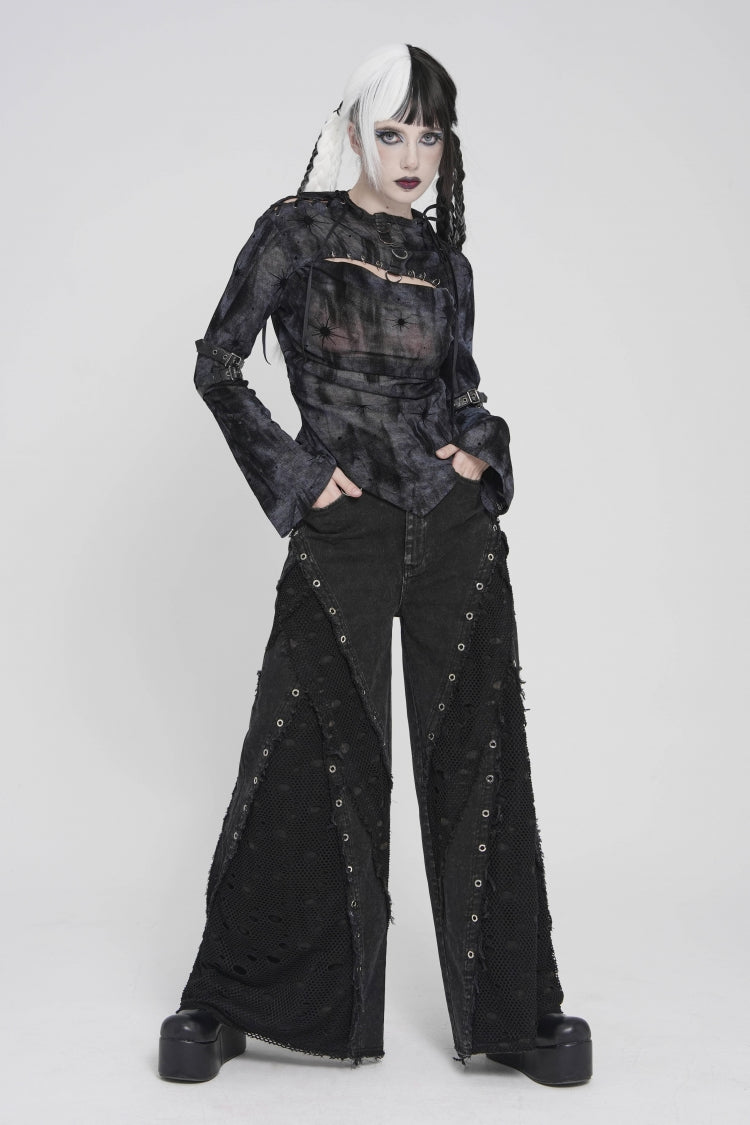 Black Cut-Out Spliced Mesh Eyelet Women's Punk Layered Ripped Pants - Product - 10