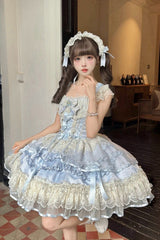 Blue [Dreaming Butterfly] Multi-Layered Jacquard Ruffle Bowknot Lace Sweet Princess Lolita Jsk Dress - Product - 7