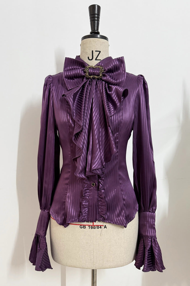 Moonstone Lapel Collar Long Sleeves Vertical Striped Print Ruffle Ouji Gothic Prince Lolita Blouse 3 Colors - Purple - 4