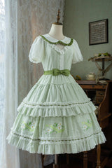 Green Doll Collar Short Sleeves Plaid Print Ruffle Hollow Embroidery Bowknot Sweet Elegant Lolita Dress - Product - 2