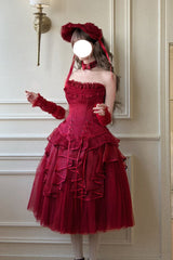 Red [The Summer Waves Sparkle] Square Collar Sleeveless Multi-Layered Ruffled Bow Lace-Up Slim Classic Lolita Skirt Set - Product - 4