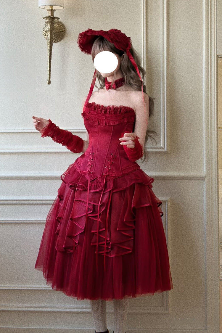 Red [The Summer Waves Sparkle] Square Collar Sleeveless Multi-Layered Ruffled Bow Lace-Up Slim Classic Lolita Skirt Set - Product - 4