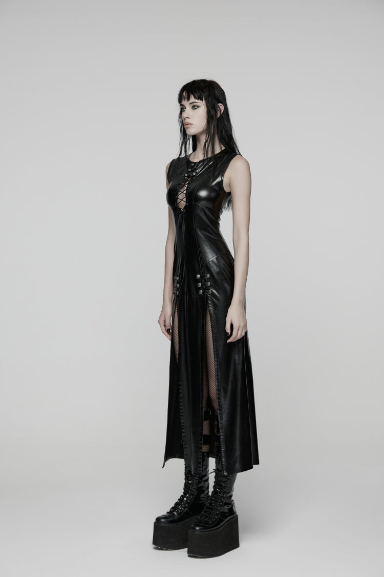 Black Sleeveless Split Lace-Up Slim Women's Punk Dress - Product - 13