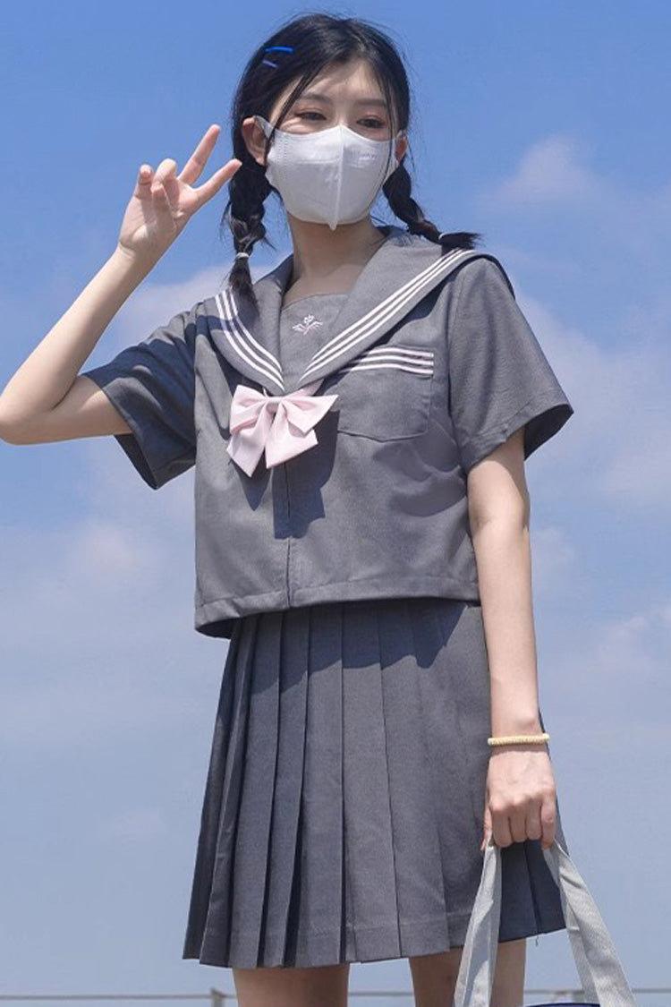 Grey Sweet College Style Navy Collar Japanese School Pleated Skirt - Product - 9