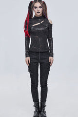 Bronzer Punk Cracked Stretch Knitted Fabric Chest Cutout Design Buckle Strap Decoration Long Sleeves Women's Shirt - Product - 4