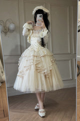 Ivory [The Summer Waves Sparkle] Square Collar Sleeveless Multi-Layered Ruffled Bow Lace-Up Slim Sweet Lolita Skirt Set - Product - 10