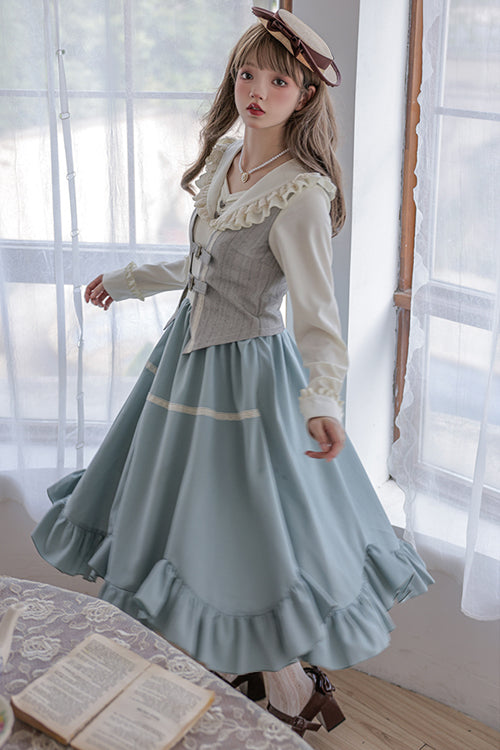 Blue Vintage Elegant V Collar Long Sleeves Petal Hem Fake Three Pieces Sweet Lolita OP Dress Full Set - Product - 3