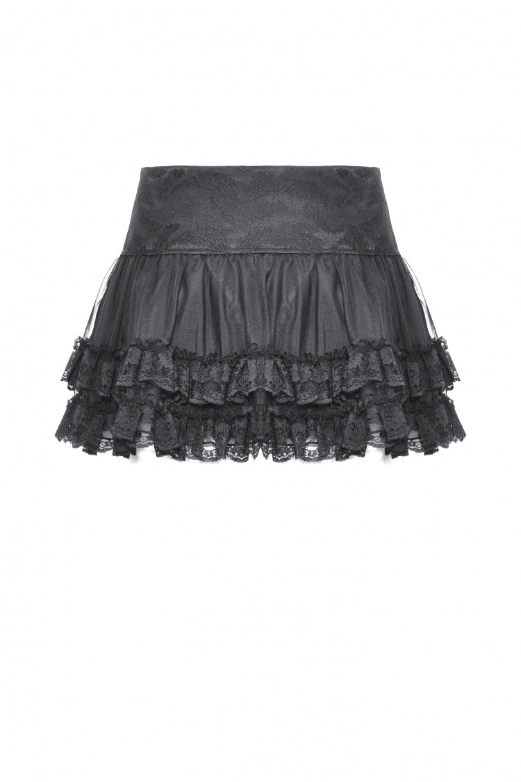 Black Layered Lace Mesh Lace-Up Zippered Women's Punk Mini Skirt - Product - 10