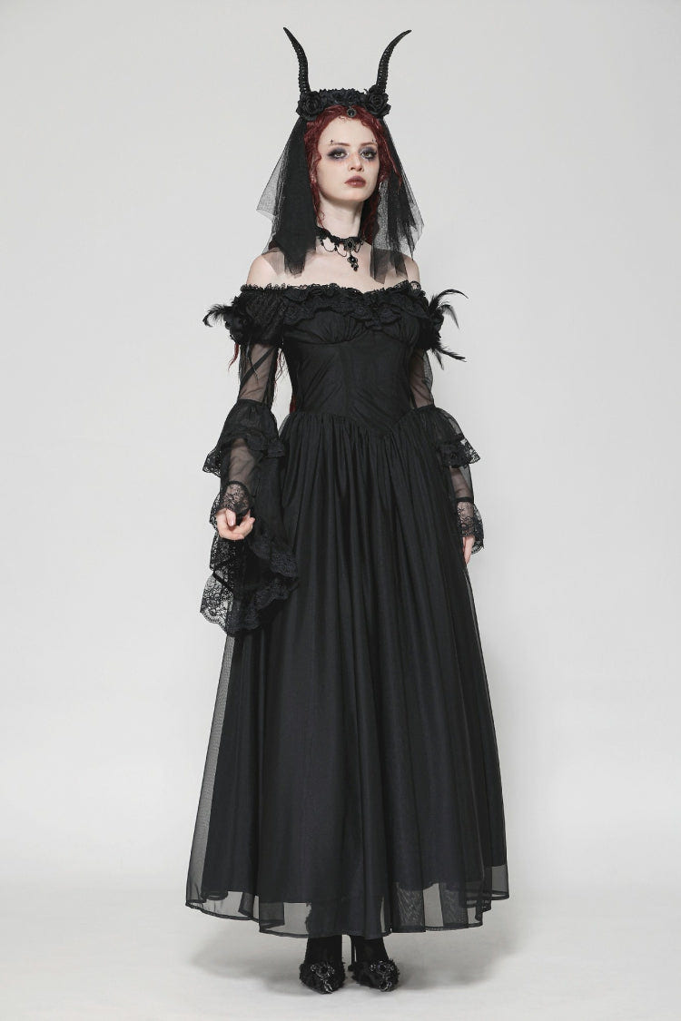 Black Off Shoulder Boat Neck Multi-Layered Long Trumpet Sleeves Lace Spliced Tulle Lace-Up Women's Gothic Fantasy Dress - Product - 8