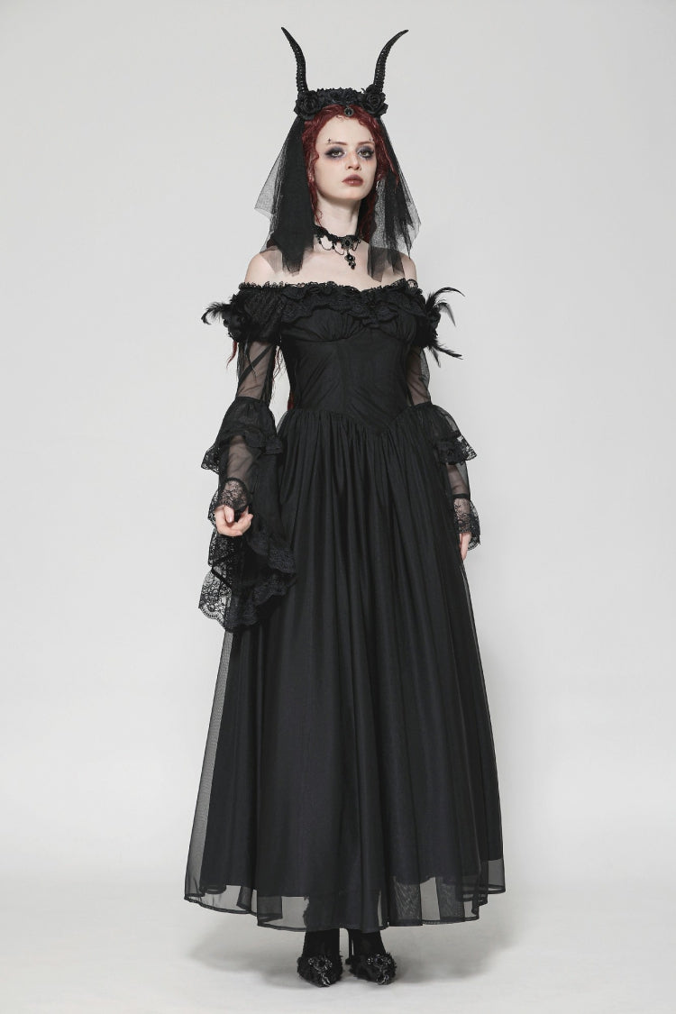 Black Off Shoulder Boat Neck Multi-Layered Long Trumpet Sleeves Lace Spliced Tulle Lace-Up Women's Gothic Fantasy Dress - Product - 8