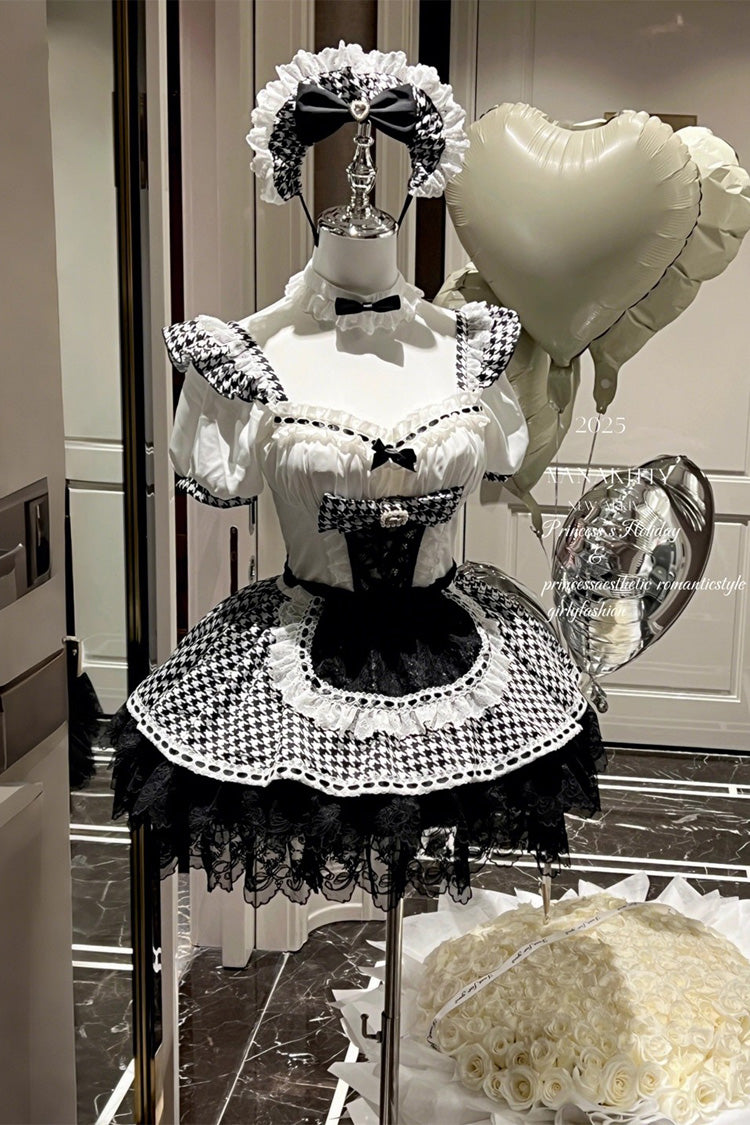 Black/White [Lovely Houndstooth] Square Collar Short Sleeves Print Ruffle Bowknot Lace Maid Sweet Lolita Dress - Product - 2
