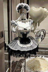 Black/White [Lovely Houndstooth] Square Collar Short Sleeves Print Ruffle Bowknot Lace Maid Sweet Lolita Dress - Product - 2