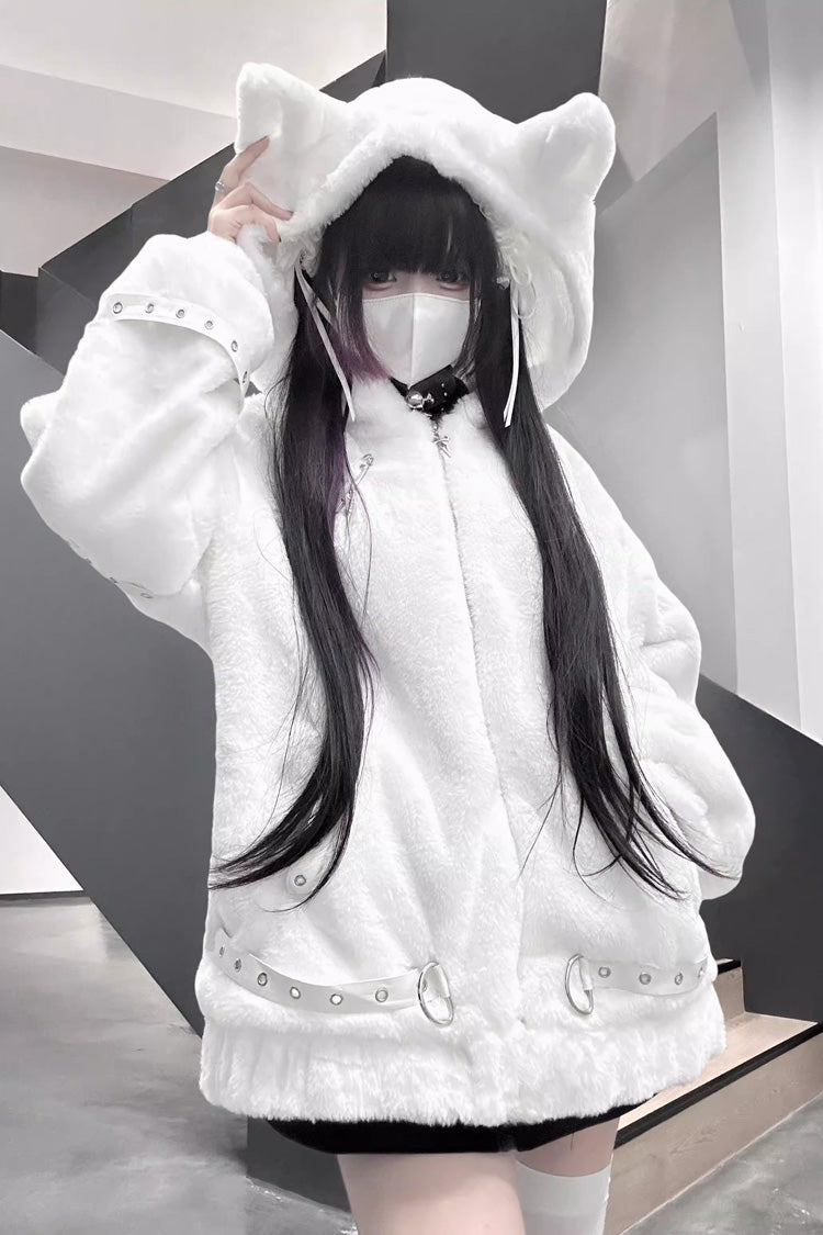 [Night Hunter] Cat Ear Long Sleeves Hooded Zippered Jirai Kei Coat 2 Colors - Product - 3