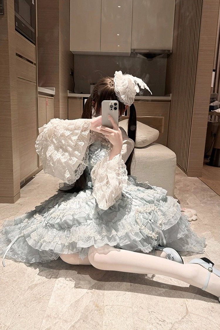 Blue [Sweetheart Diary] Multi-Layered Ruffle Hanayome Embroidery Bowknot Lace Sweet Lolita Jsk Dress - Product - 10