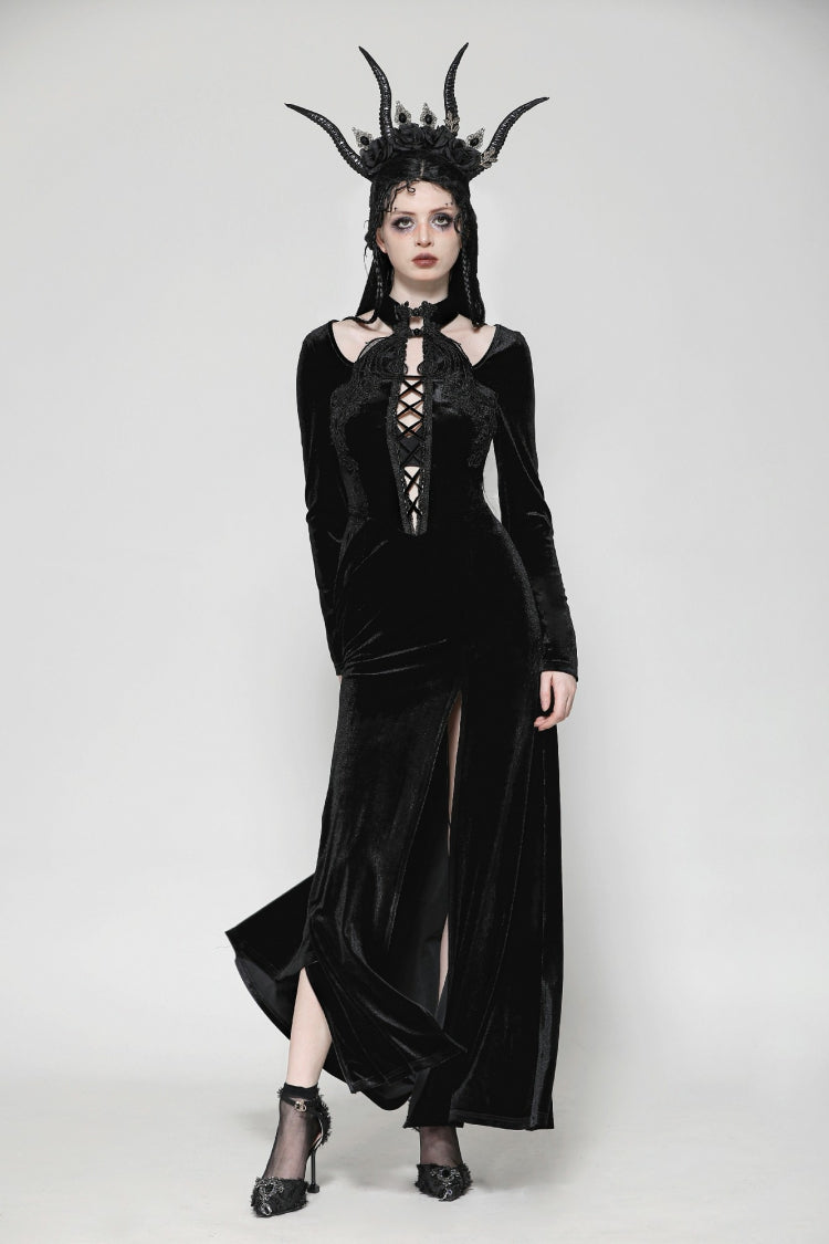 Black Long Sleeves Cut-Out Lace-Up Women's Gothic Side Slit Velvet Party Dress Wedding Dress - Black - 1
