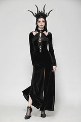 Black Long Sleeves Cut-Out Lace-Up Women's Gothic Side Slit Velvet Party Dress Wedding Dress - Black - 1