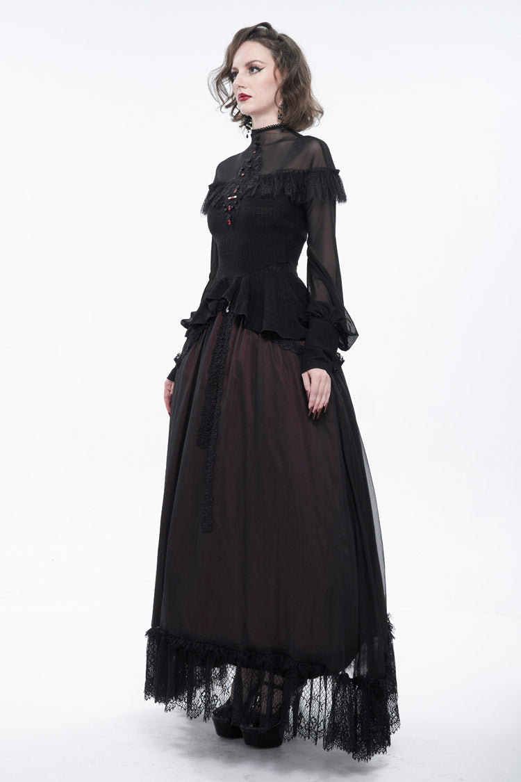Black Retro Perspective Sexy Turtleneck Lace Panel Mesh Lantern Sleeve Women's Gothic T-Shirt - Product - 8