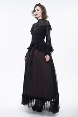 Black Retro Perspective Sexy Turtleneck Lace Panel Mesh Lantern Sleeve Women's Gothic T-Shirt - Product - 8