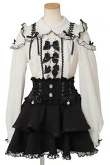 Sweet Lapel Collar Off Shoulder Long Sleeves Bow Spliced Lace Plus Size Japanese Lolita Blouse 3 Colors - White - 4