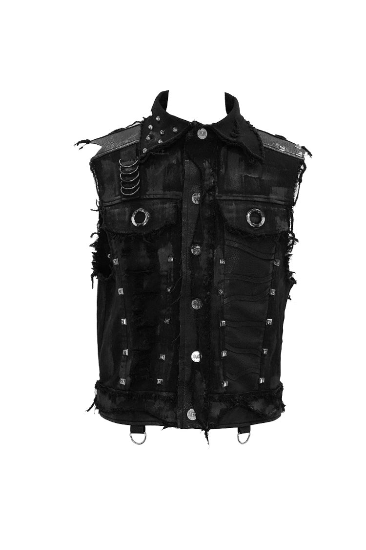 Black Heavy Metal Rivet Back Printed Coarse Twill Worn Out Men's Punk Waistcoat - Product - 8
