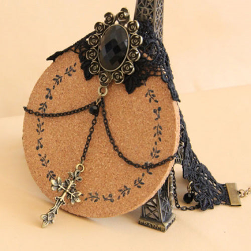 Black Retro Exaggerated Cross Collar Harajuku Style Lace Gothic Lolita Necklace - Product - 5