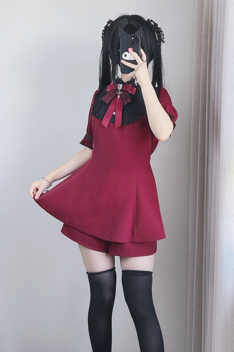 Choir Fake Collar Short Sleeves Lace Jirai Kei Japanese Dress Set 2 Colors - Red - 1
