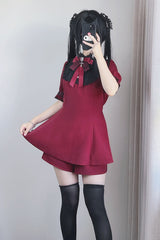 Choir Fake Collar Short Sleeves Lace Jirai Kei Japanese Dress Set 2 Colors - Red - 1
