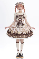 [Doll Tea Party] Sleeveless Print Ruffle Bowknot Lace-Up Sweet Lolita Jsk Dress 3 Colors - Pink/Brown - 1