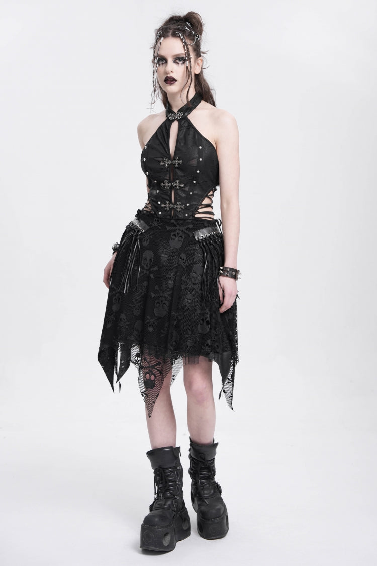 Black Halterneck Sleeveless Skull Print Irregular Women's Punk Dress - Product - 2