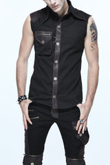 Black Twill Brown One Shoulder Armor Heat Seal Hasp Sleeveless Men's Punk Shirt - Black - 1