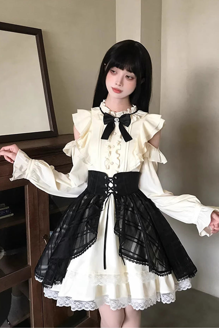 Black/Beige [Dark Chocolate Champagne] Stand Collar Off Shoulder Long Sleeves Double-Layered Ruffled Sweet Japanese Lolita Dress - Product - 9
