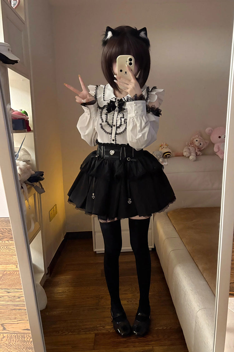 Black/White Doll Collar Long Sleeves Ruffled Bow Sweet Jirai Kei Skirt Set - Product - 6