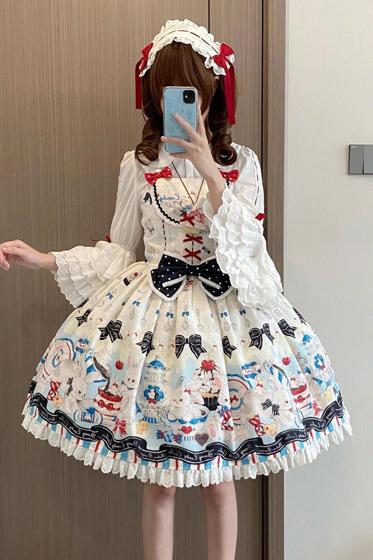 Beige [Mystery Rabbit Tea Party] Sleeveless Print Ruffle Bowknot Lace Sweet Lolita Jsk Dress - Product - 2