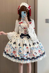 Beige [Mystery Rabbit Tea Party] Sleeveless Print Ruffle Bowknot Lace Sweet Lolita Jsk Dress - Product - 2